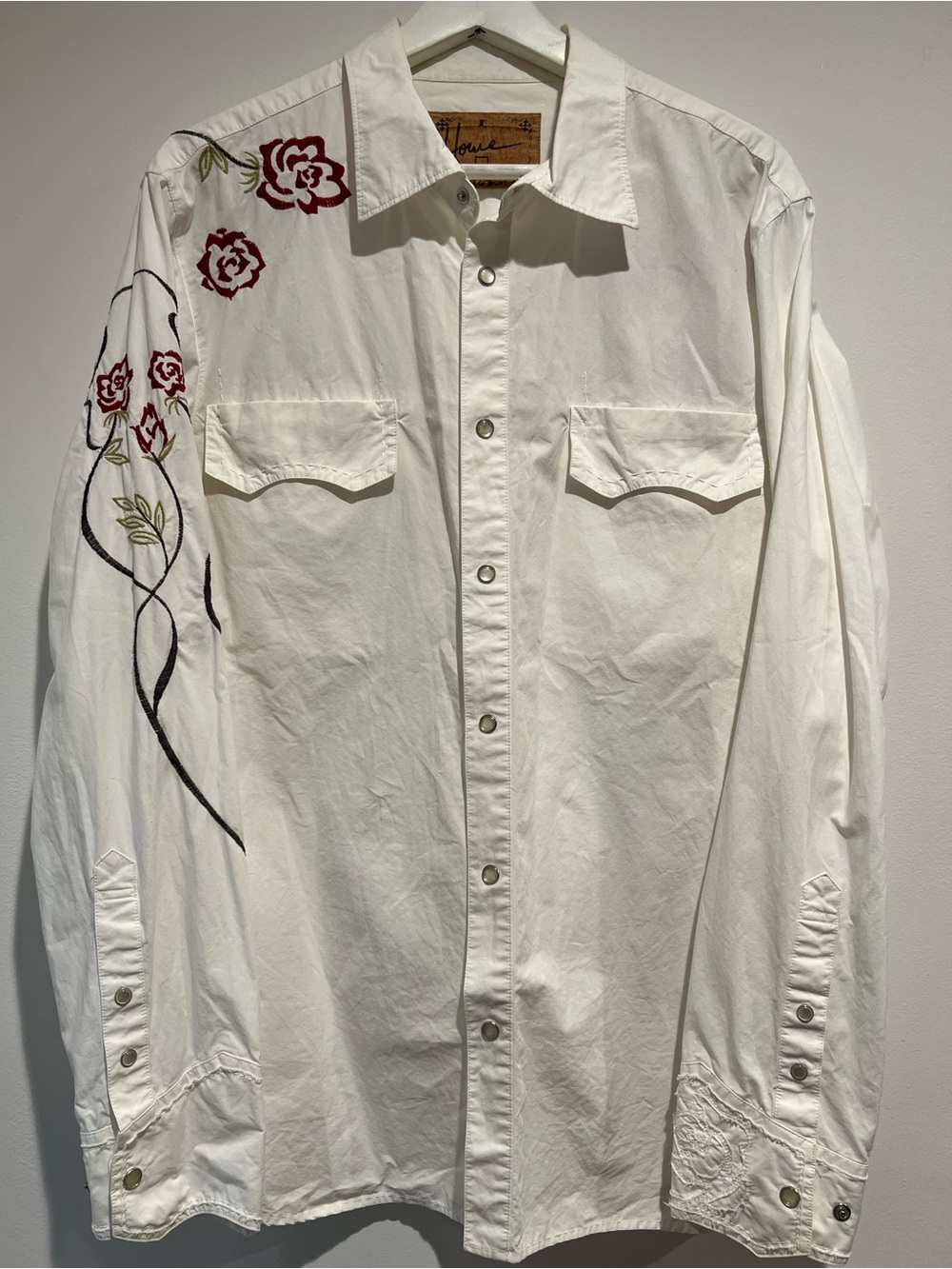 Howe Embroidered Western Snap Shirt White Cotton Rose Floral Button Up L